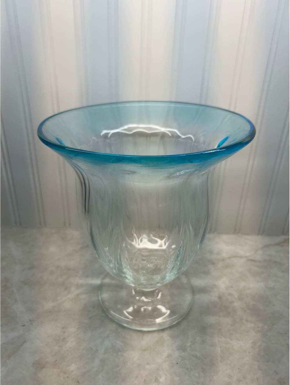 Vintage Blue-to-Clear Glass Pedestal Vase - 8" Hand-Blown Fluted Stretch Glass